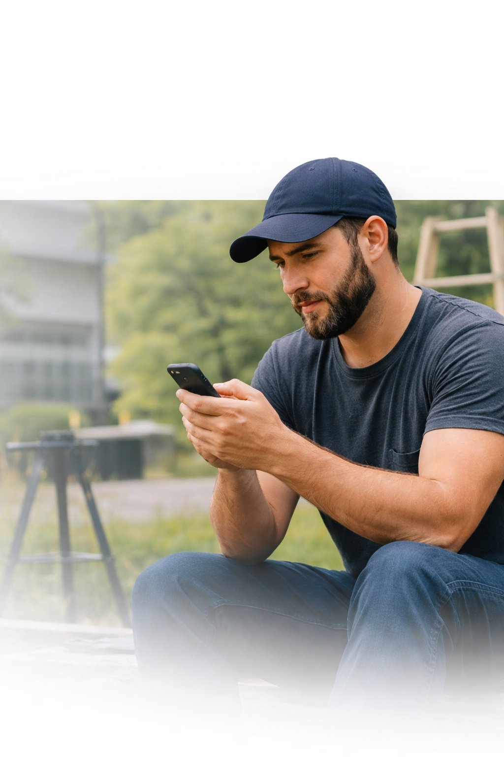 Man wearing blue cap and t-shirt looking at smartphone while sitting outdoors on a deck
